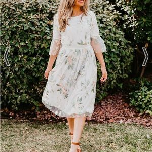 White embroidered tule Floral Dress Polagram Bridal midi modest